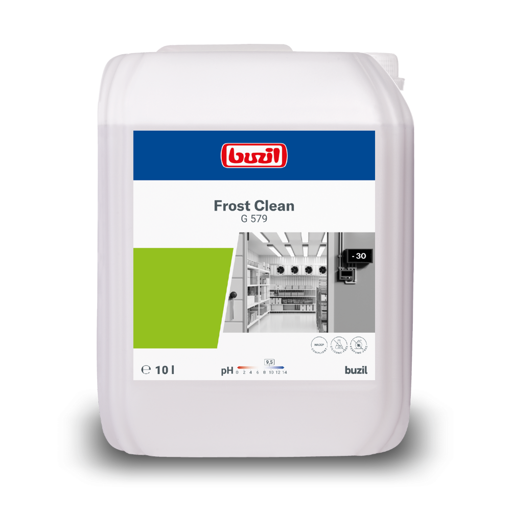 Ein 10-Liter-Kanister Buzil Frost Clean G 579 Tiefkühlreiniger bis -30°C von BUZIL-WERK Wagner GmbH & Co. KG, ideal für die Lebensmittelindustrie, ist mit einem Etikett versehen, auf dem das Buzil-Logo in Grün und Weiß neben einem sauberen Küchenbild zu sehen ist. Es enthält pH-Informationen und Symbole, die die effektive Reinigungskraft bei Temperaturen bis zu -30°C hervorheben.