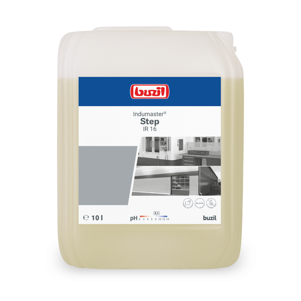 Ausgestellt ist ein 10-Liter-Behälter Buzil Indumaster® Step IR 16 Neutraler und materialschonender Industriereiniger der BUZIL-WERK Wagner GmbH & Co. KG mit einem blau-weißen Etikett mit rotem Logo. Das Etikett enthält Küchenbilder und einen pH-Bereichsbalken sowie Markierungen für e 10l und pH 9.