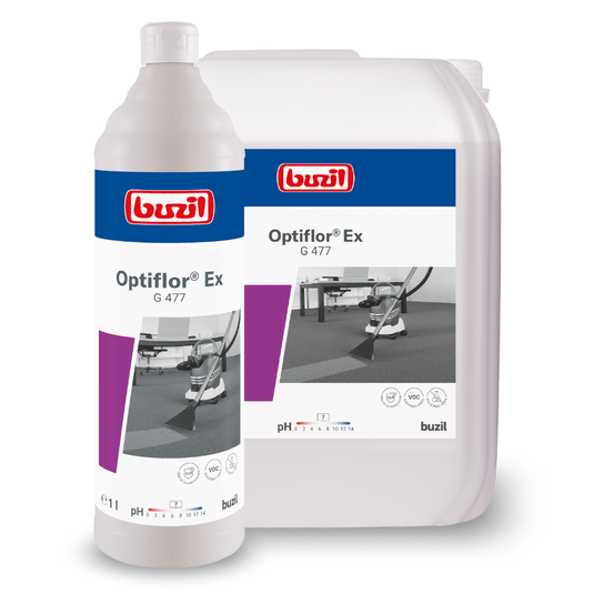 Na obrázku jsou zobrazeny dva obaly přípravku Buzil Optiflor® Ex G 477, základního čisticího prostředku na koberce určeného pro čištění koberců metodou stříkání a extrakce: bílá láhev a velký kanystr, oba s logem společnosti BUZIL-WERK Wagner GmbH & Co. KG.