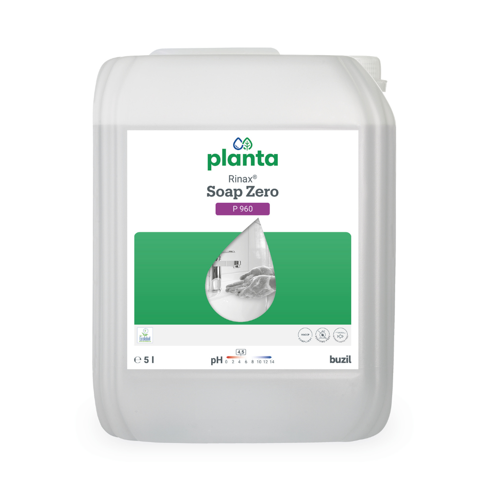 Obrázek 5litrové nádoby s nápisem „Buzil Rinax® Soap Zero P 960 Ekologické mýdlo na ruce“ od BUZIL-WERK Wagner GmbH & Co. KG. Etiketa ukazuje hodnotu pH a další detaily a zobrazuje černobílý obrázek kuchyně v zelené grafice vodní kapky, aby zdůraznila závazek společnosti k udržitelným čistícím praktikám.