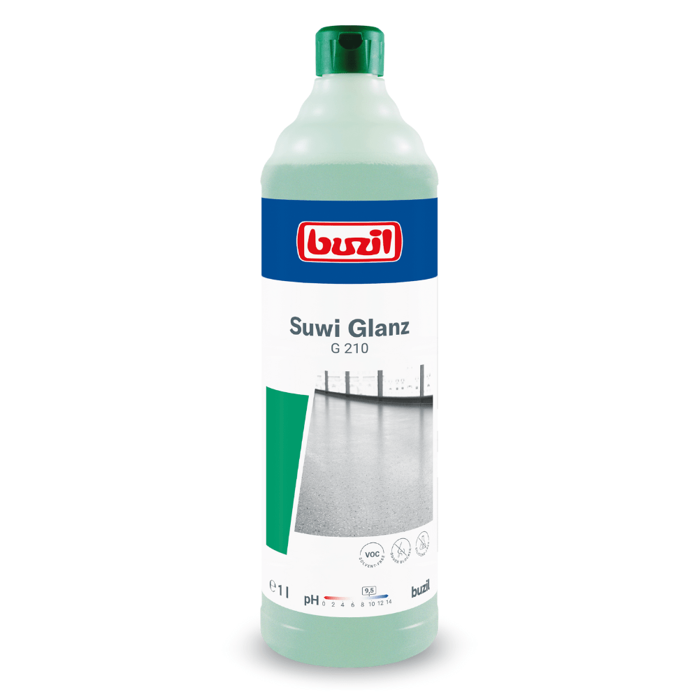 Představujeme čistič podlah Buzil Suwi Glanz G 210 Wischpflege od BUZIL-WERK Wagner GmbH & Co. KG, dostupný v 1litrové lahvi. Tento čistič podlah je speciálně navržen pro údržbu vytíráním a má obal s pH indikátorem a symbolem VOC, stejně jako čisticími obrázky. Světle zelená láhev s tmavě zeleným uzávěrem je speciálně navržena pro výjimečnou péči o povrchy z nerozpustných polymerů a vosků.