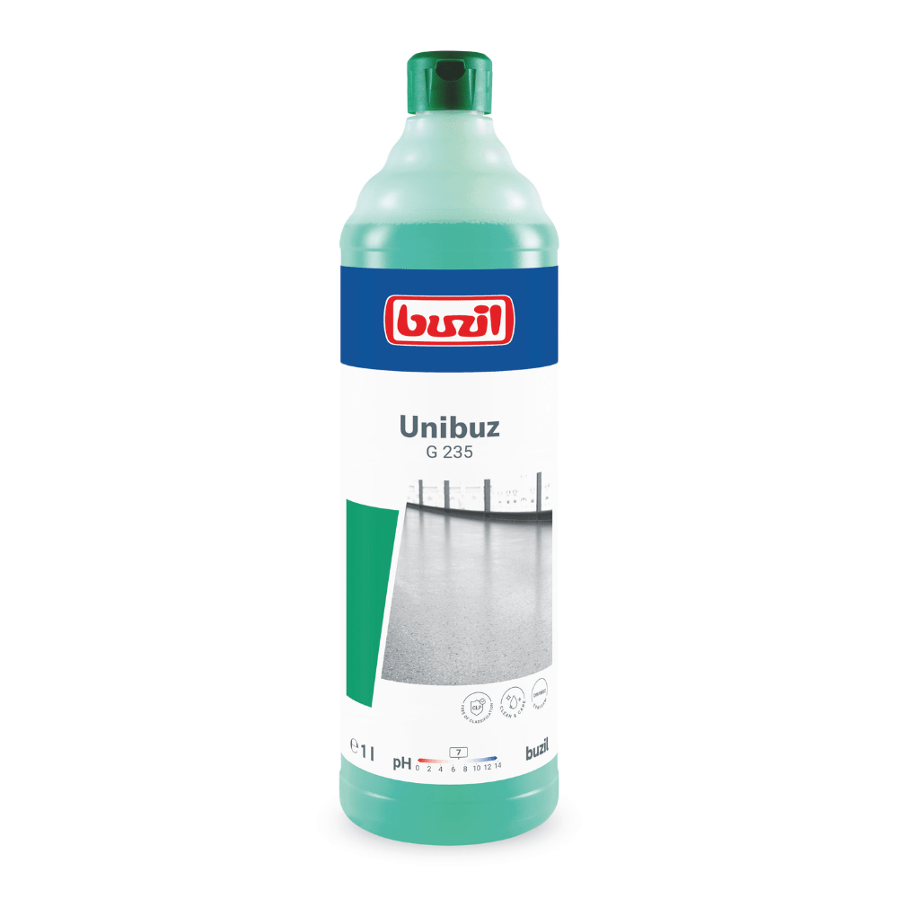 Obrázek zelené láhve s nápisem „Buzil Unibuz G 235 péče o podlahu na bázi vodou rozpustných polymerů“ od BUZIL-WERK Wagner GmbH & Co. KG, který ukazuje obrázek čisté, lesklé podlahy dosažené bezpruhovou čistotou. Odpovídající zelený uzávěr láhve a značení kapacity 1 litr jsou zobrazeny dole.