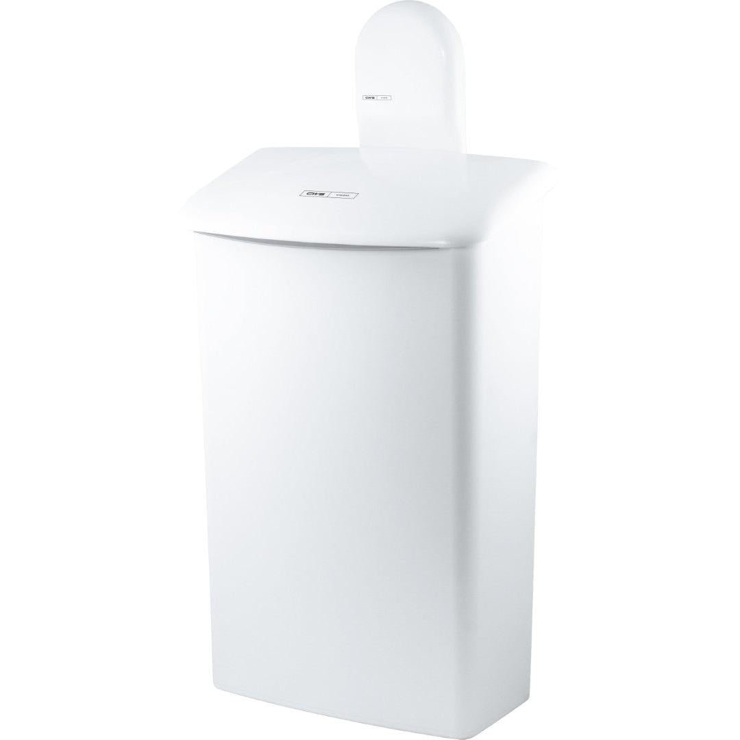 Nástěnný držák CWS ParadiseLine pro hygienickou krabici 575000 je bílý, obdélníkový odpadkový koš do koupelny s klenutým víkem, malým čelním štítkem a moderním nástěnným designem.