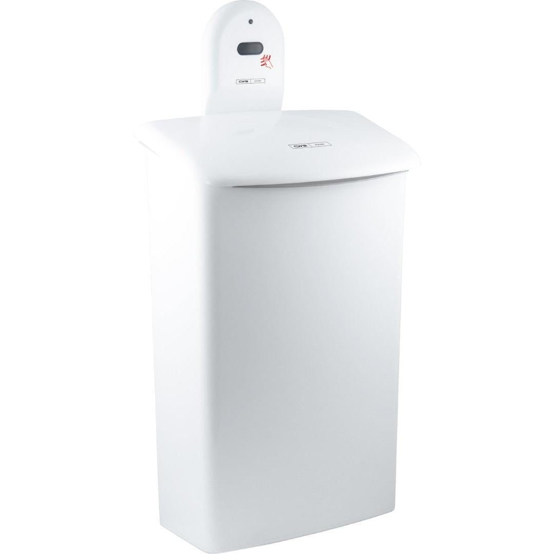 Nástěnný držák CWS ParadiseLine pro hygienickou krabici 575000 je bílý, obdélníkový, bezdotykový odpadkový koš s klenutým víkem a automatickým senzorem nad otvorem, který má malý černý displej a červenou kontrolku.