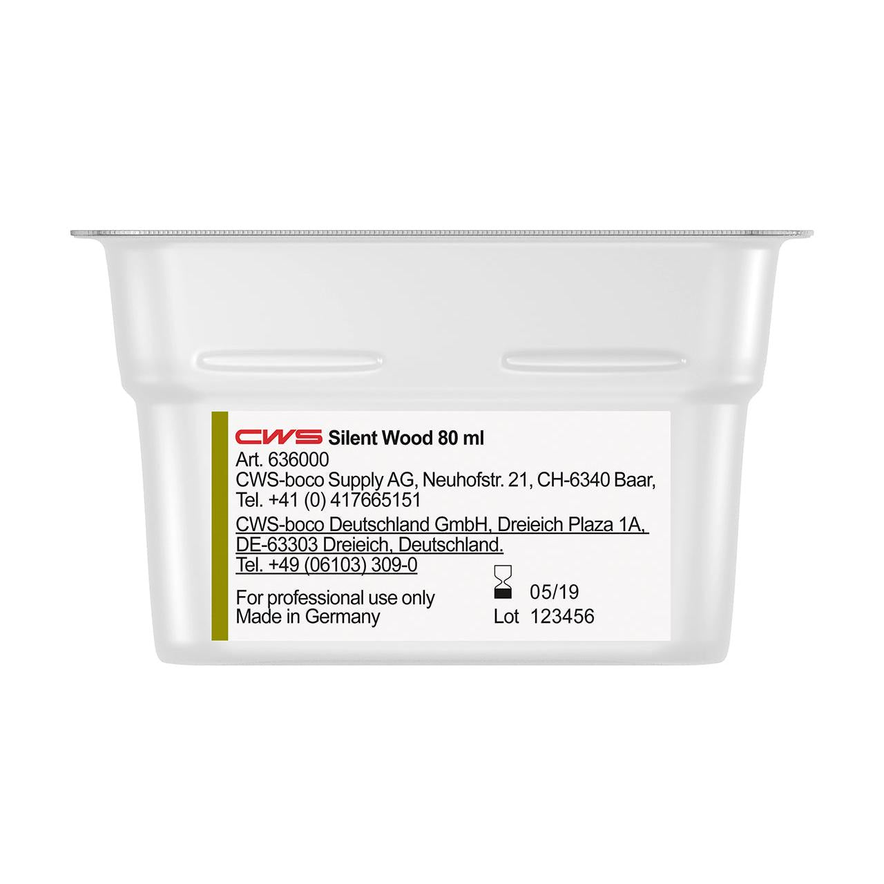 Nahaufnahme eines CWS ParadiseLine Waschraumduft für Duftspender Paradise Air Bar-Behälters mit Herstellerangaben, Kontaktinformationen, Chargennummer und Verfallsdatum auf dem Etikett. Nur für den professionellen Gebrauch.