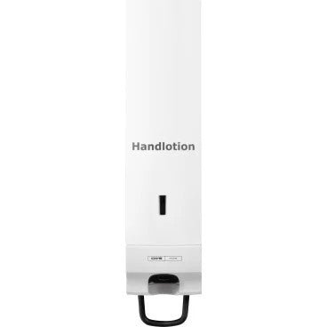 CWS čelní panel pro pěnový dávkovač mýdla Foam Slim je bílý nástěnný panel s nápisem "Handlotion", který se vyznačuje elegantním designem s malým okénkem a černou pákou ve spodní části pro odběr.