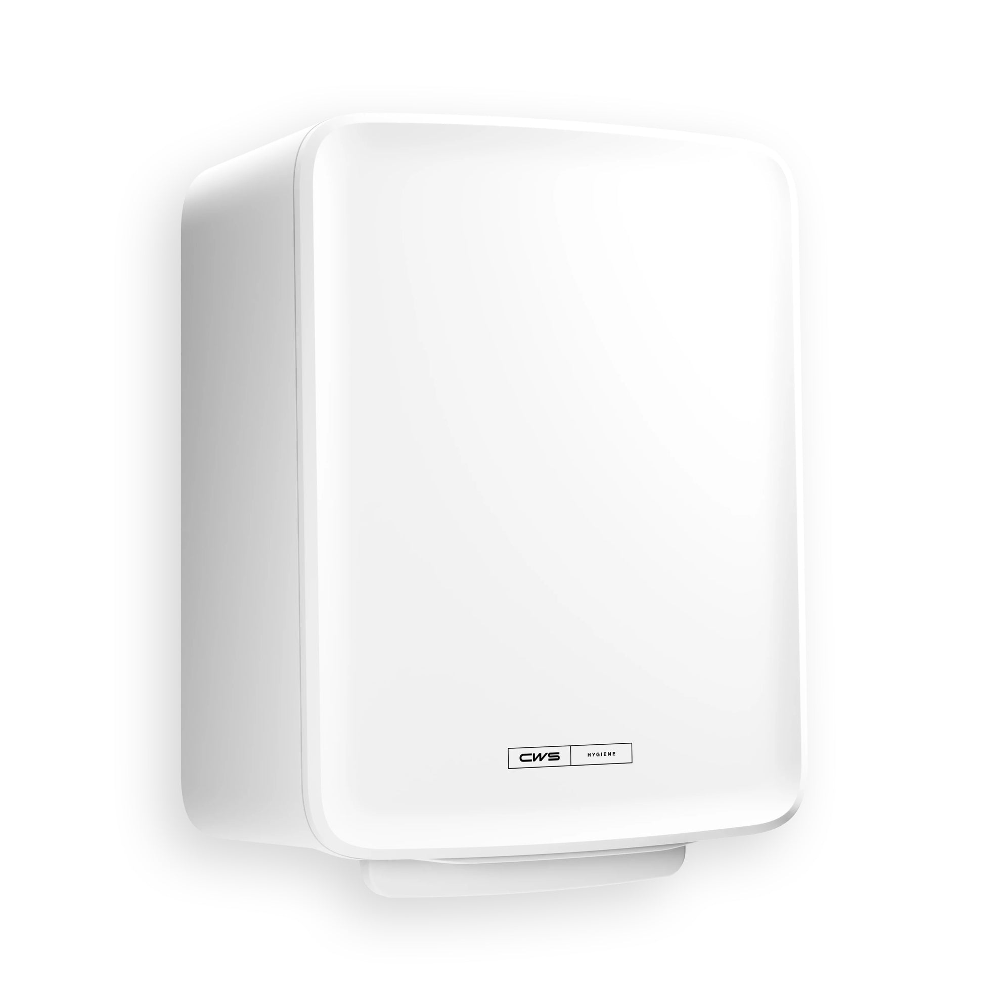Die CWS PureLine Paperroll NT Hybrid ist ein weißer, rechteckiger, wandmontierter Händetrockner mit abgerundeten Kanten und einem kleinen CWS Etikett mit Branding in der unteren Mitte.