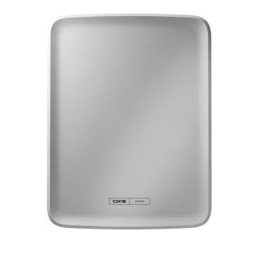 Obdélníkový, stříbrný přední panel CWS PureLine pro dávkovač Paperroll NT Hybrid z odolného kovu s mírně zvýšenými okraji a malým logem na jedné straně, fotografován na bílém pozadí.