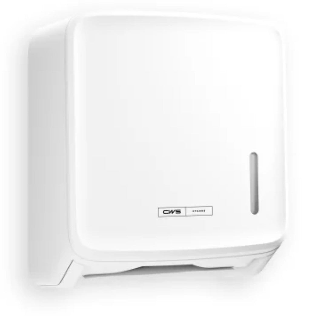 CWS PureLine Paper Faltpapierspender | Balení (1 kus) od CWS je bílý, na stěnu montovaný dávkovač s vertikálním průhledovým okénkem pro kontrolu zásoby papíru a značkovým štítkem, ideální pro hygienické uchovávání, zobrazený na jednoduchém bílém pozadí.