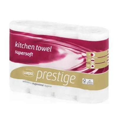 Balení kuchyňských utěrek CWS Prestige 3-vrstvé, vysoká bělost obsahuje 8 balení bílých, super měkkých a snadno čistitelných kuchyňských utěrek v kaštanově hnědém a zlatém designu s označením "welcome Professional Hygiene".