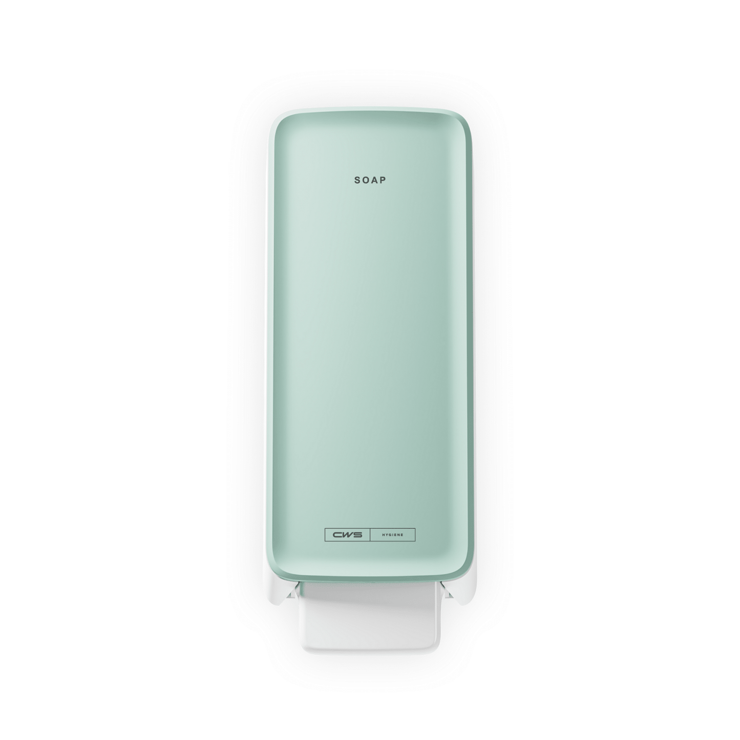 Dávkovač mýdla CWS PureLine Foam je nástěnný, obdélníkový dávkovač ve světle zelené barvě s nápisem "SOAP" na přední straně, bílou pákou pod ním a brandingem CWS v blízkosti základny - ideální pro každou umývárnu.