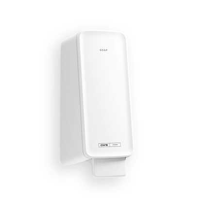 Bílý, obdélníkový dávkovač mýdla CWS PureLine Foam od CWS je upevněn na zdi s dolní pákou, nápisem "SOAP" nahoře a etiketou blízko základny - perfektní pro každou umývárnu s jednoduchým bílým pozadím.