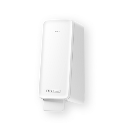 Dávkovač mýdla CWS PureLine Foam je bílý, nástěnný dávkovač mýdla s obdélníkovým designem, spodní pákou a etiketou "SOAP" na přední straně. Spojuje moderní styl a udržitelnost značky CWS.