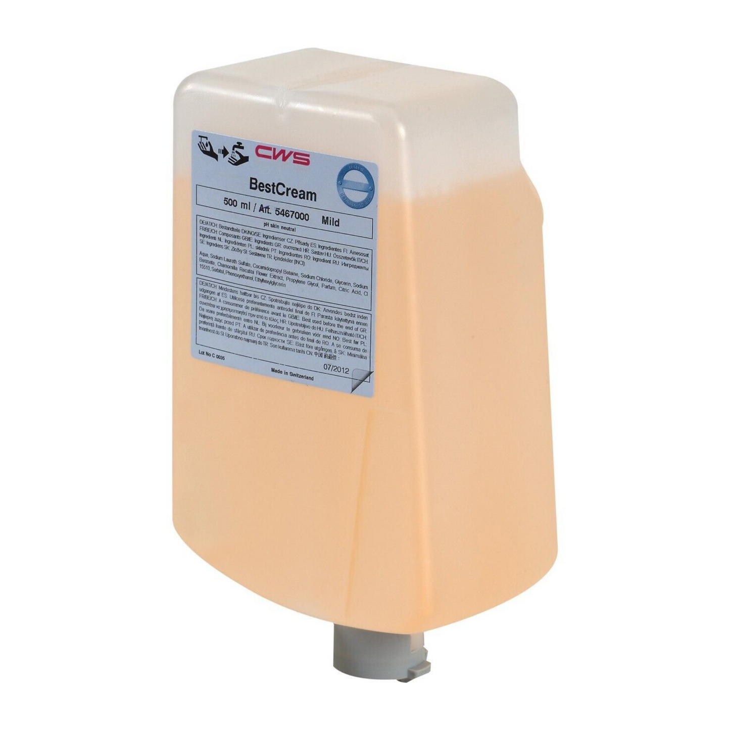 CWS krémové mýdlo BestCream Mild je dodáváno v 500ml náhradním balení pro snadné doplnění, s praktickou dávkovací tryskou na spodní straně a jasnou etiketou pro pokyny a detaily produktu.