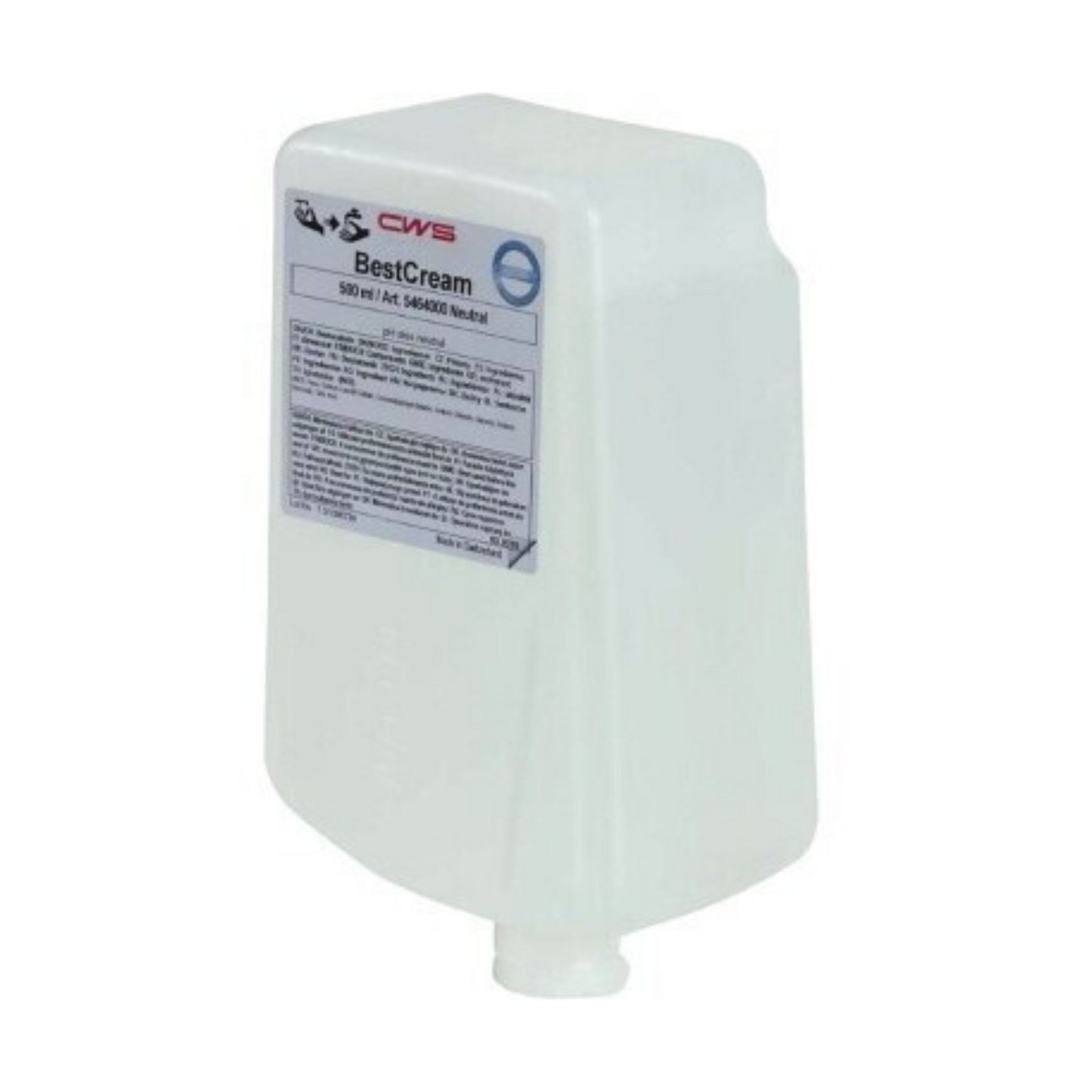 Bílá nádoba s CWS mýdlovým krémem BestCream Neutral 1000 ml náhradní náplň mýdla s etiketou na přední straně. Zdá se, že nádoba obsahuje 500 ml produktu. Etiketa obsahuje text a loga, přičemž název produktu „BestCream Neutral 1000 ml náhradní náplň mýdla“ je zřetelně viditelný. Tento biologicky odbouratelný krém má také neutrální vůni pro příjemný zážitek.