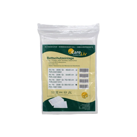 Zapečetěná podložka pod matraci CareLiv, 90 x 100 cm, fólie/froté (bílá), od společnosti CareLiv Produkte OHG pro inkontinenci, s údaji o produktu a čísly artiklů na žluto-bílé německé etiketě. Balení obsahuje 1 kus.