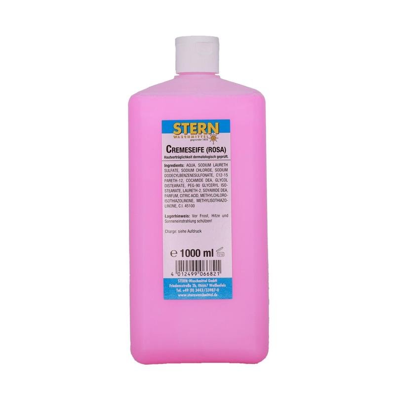 Růžová 1.000ml láhev STERN krémové mýdlo růžové Stern Waschmittel GmbH má bílý uzávěr a německou etiketu s pokyny pro péči, složením, použitím a informacemi o výrobci. Vhodné jako mýdlo pro všechny typy pleti.