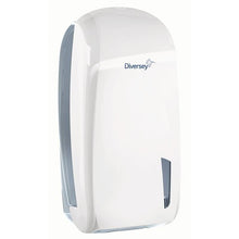 Der Diversey Einzelblatt-Toilettenpapierhalter aus weißem/transparentem Kunststoff (328 x 165 x 135 mm) für Einzelblätter verfügt über ein Sichtfenster und sorgt hygienisch für Toilettenpapier in öffentlichen Sanitärbereichen. Passend für Papier 7523655.