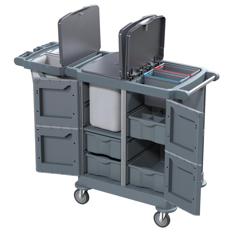 DI PROTECT TROLLEY VELKÝ od Diversey Deutschland GmbH & Co. OHG je velký, uzavřený vozík (1 kus) s několika policemi, dvěma víky, centrální částí na pytle a čtyřmi koly pro bezpečnou mobilitu při každodenním úklidu.