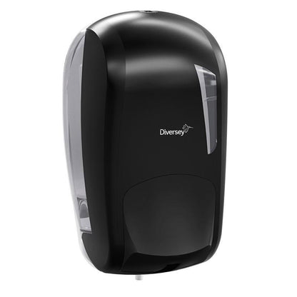 Dávkovač papírových ručníků Soft Care od Diversey Deutschland GmbH & Co. OHG je černý dávkovač papírových ručníků s průhlednou boční stěnou a logem Diversey, ideální pro použití s dezinfekčními prostředky v hygienicky citlivých oblastech.
