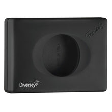 Der Diversey Deutschland Hygienebeutelspender aus schwarzem Kunststoff hat eine rechteckige Form, ovale Öffnung mittig, "For lady"-Prägung oben rechts und weißes Logo unten links. "Made in Italy" innen - perfekt für Hygieneartikel im Bad.