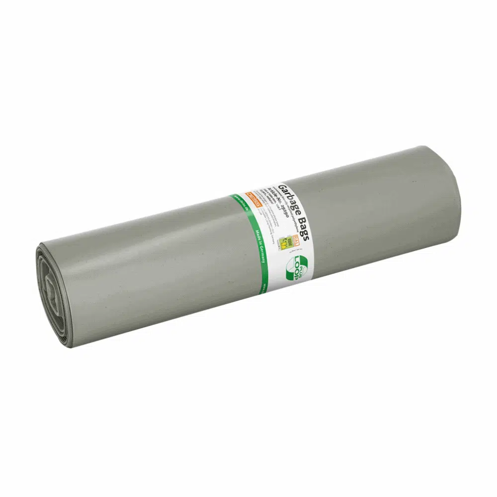 DEISS LOOP PLUS odpadkové pytle 29290, šedá plastová plachta značky EMIL DEISS KG (GmbH + Co.) s objemem 120 litrů, je opatřena texty a symboly v nápadných zelených a černých označeních. Válcová plachta je vyrobena z recyklovaného materiálu a odpovídá principům oběhového hospodářství, takže je všestranně použitelná.
