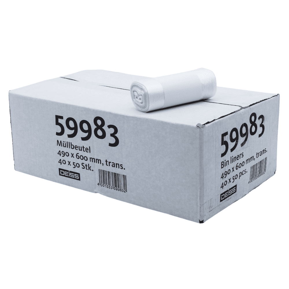 Karton firmy EMIL DEISS KG (GmbH + Co.) je označen kódem produktu „59983“ a obsahuje DEISS pytle na odpad z HDPE s kapacitou 30 litrů a rozměry 490 x 600 mm, které jsou baleny v baleních po 40 rolích po 50 kusech a označeny čárovým kódem. Na vrchu kartonu leží role bílých pytlů na odpad.