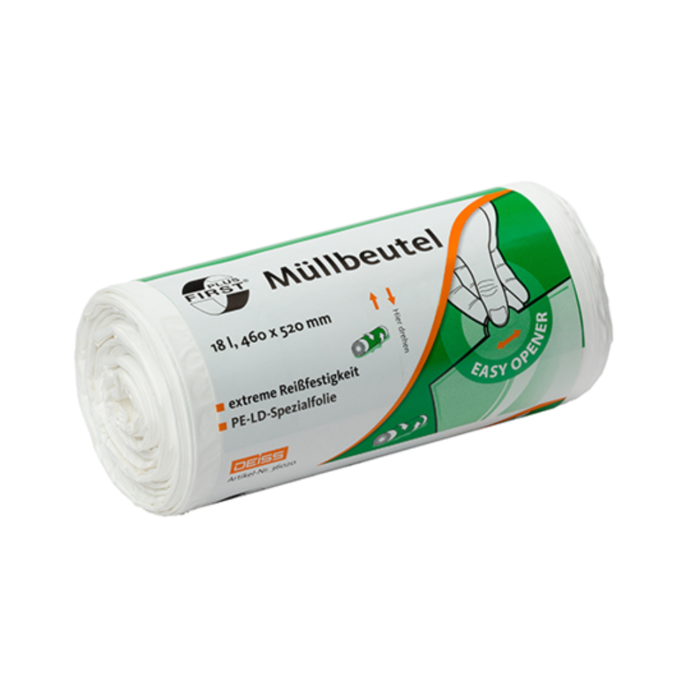 Srolovaný balík bílých odpadkových pytlů se zeleno-bílou etiketou s německým textem. Etiketa zdůrazňuje vlastnosti jako „extrémně odolný proti roztržení“ (odolný proti propíchnutí a roztržení) a „Easy Opener“. Toto je DEISS First Plus® odpadkový pytel o objemu 18 litrů, vyrobený z prémiového LDPE, s rozměry 460 x 520 mm, od společnosti EMIL DEISS KG (GmbH + Co.).
