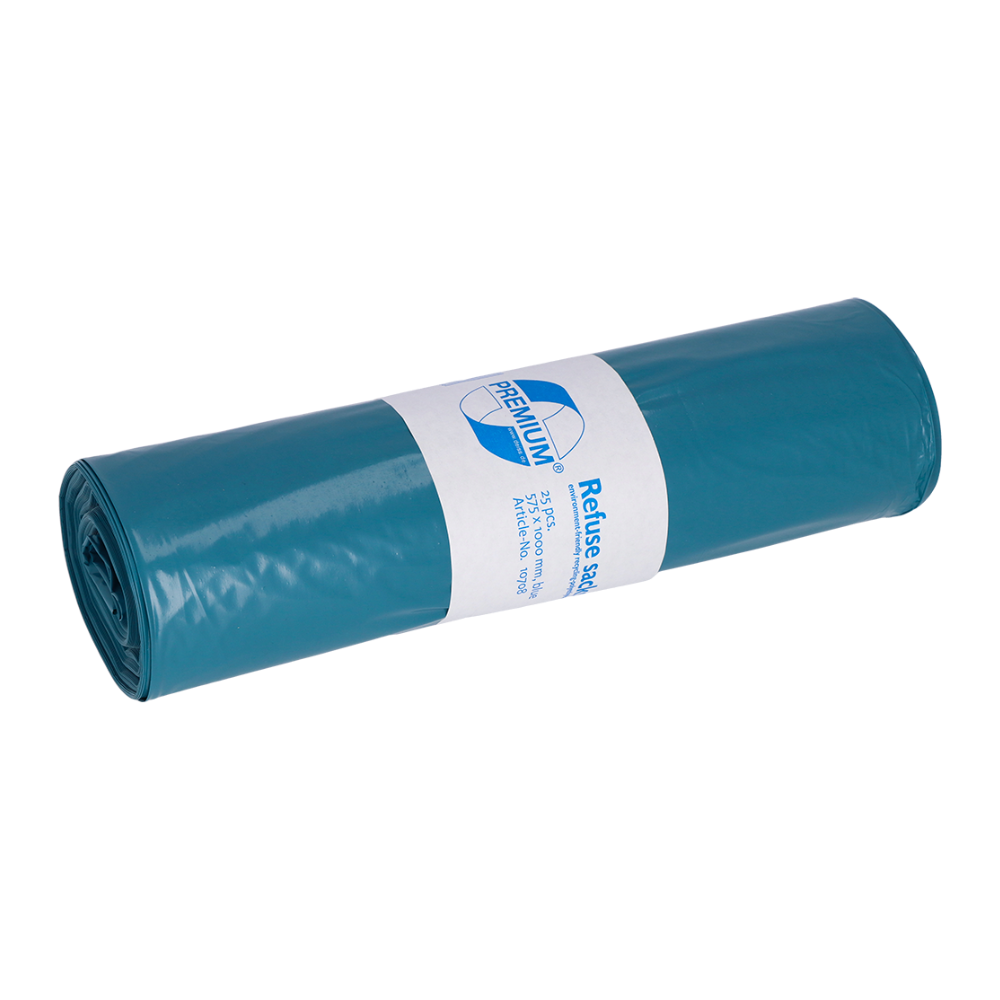 Na jednoduchém bílém pozadí spočívá role modrých DEISS Premium odpadkových pytlů z LDPE od EMIL DEISS KG (GmbH + Co.), s bílou etiketou, která zobrazuje logo a zdůrazňuje prvotřídní kvalitu produktu.