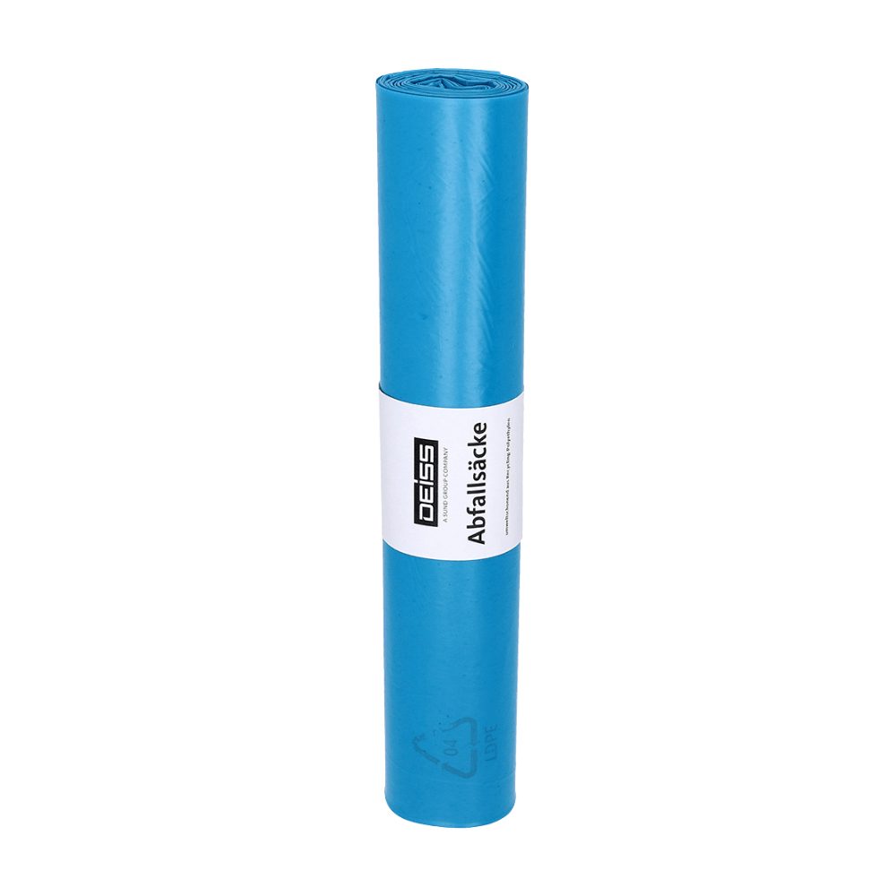 Srolovaný modrý DEISS Standard® pytel na odpadky z LDPE s bílou etiketou s textem a logem, který poukazuje na ekologickou certifikaci Modrého anděla.