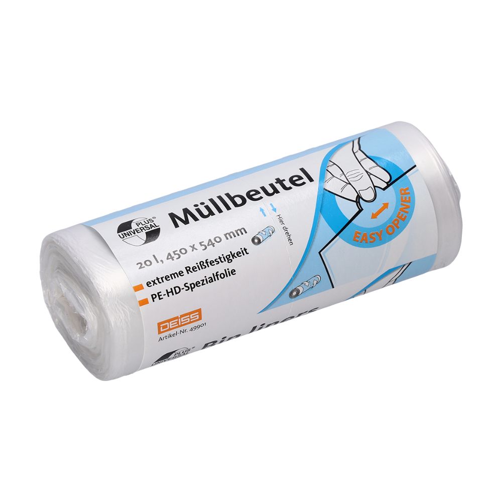 Zobrazená je role odolných odpadkových pytlů s nápisem „DEISS Universal Plus® odpadkové pytle 20 litrů, 49901“. Obal má rozměry 20 litrů, 450 x 540 mm a je opatřen ilustrací funkce „Easy-Opener“. Vyrobeno ze speciální HDPE fólie, značka je EMIL DEISS KG (GmbH + Co.).