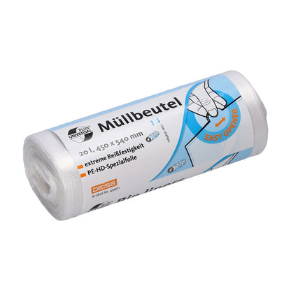 Zobrazená je role odolných odpadkových pytlů s nápisem „DEISS Universal Plus® odpadkové pytle 20 litrů, 49901“. Obal má rozměry 20 litrů, 450 x 540 mm a je opatřen ilustrací funkce „Easy-Opener“. Vyrobeno ze speciální HDPE fólie, značka je EMIL DEISS KG (GmbH + Co.).