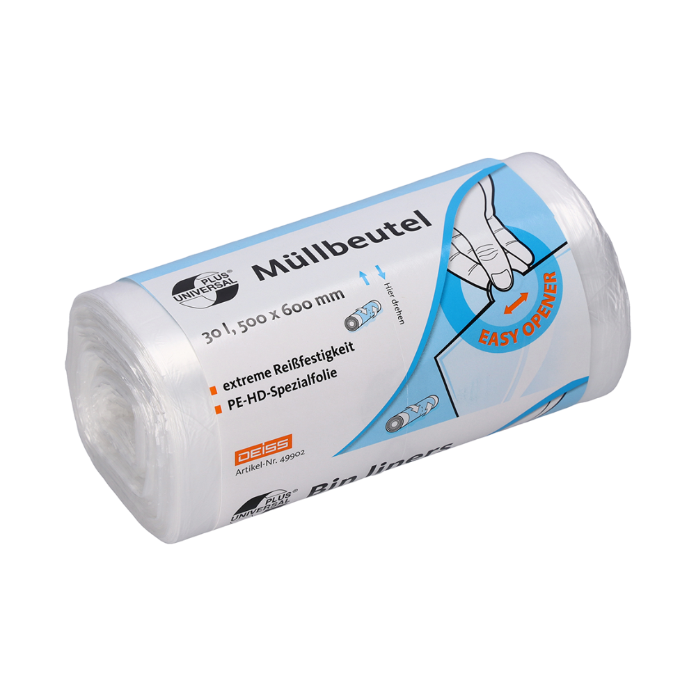 Jedna role sáčků na odpadky DEISS Universal Plus®, 49902 - 30 litrů od EMIL DEISS KG (GmbH + Co.) je dodávána v balení, které zdůrazňuje její specifikace, včetně rozměrů 30 litrů a 500 x 600 mm. Každý sáček je vyroben ze speciální PE-HD fólie a má mimořádnou odolnost proti roztržení. Na obalu je zobrazeno uživatelsky přívětivé snadné otevírání.