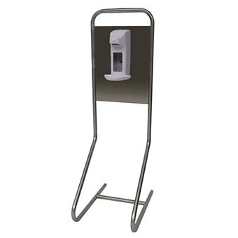 Stojanový model dezinfekčního ostrova Novocal "Desi" má rám z nerezové oceli, obdélníkovou základnu (385 x 56 mm) a vestavěný bílý dávkovač dezinfekčního prostředku na ruce, který je namontován na tmavé desce. Značka: Novocal. Balení: 1 kus.