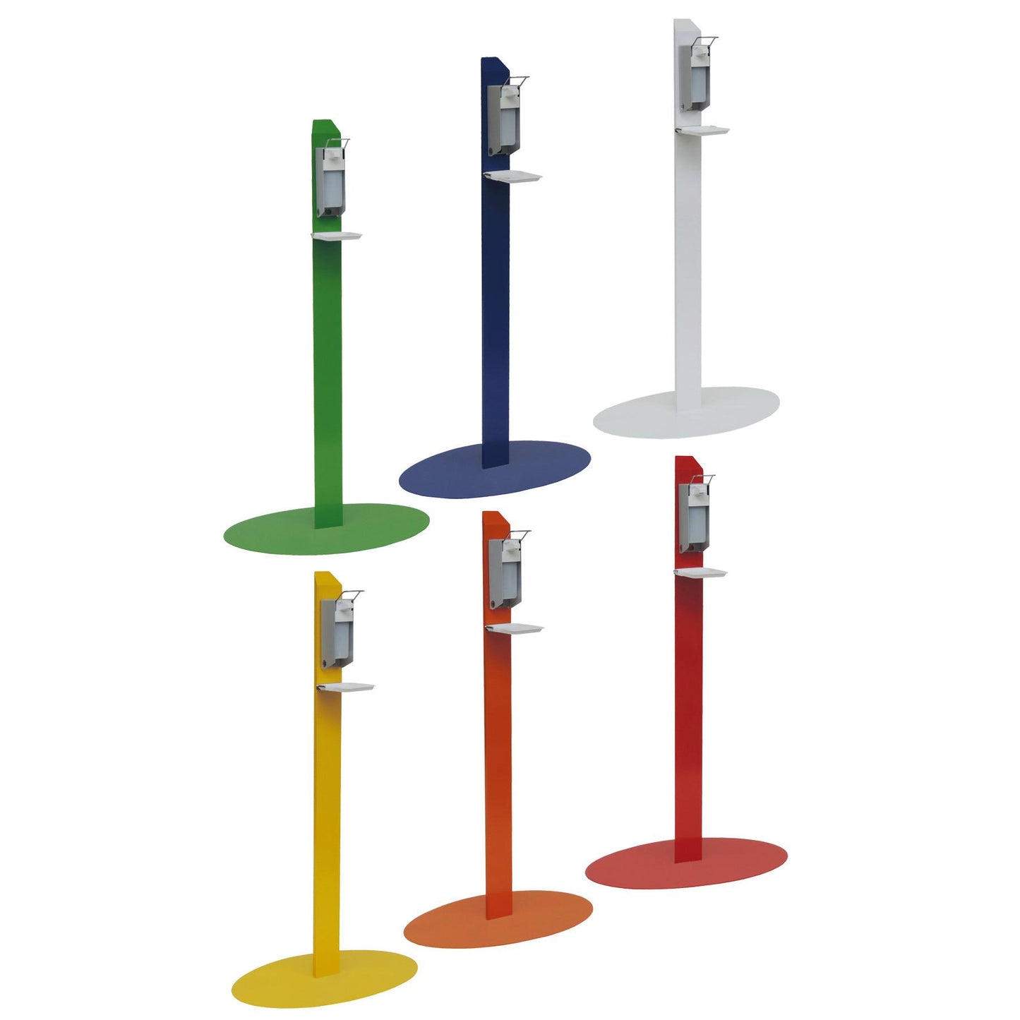 Šest pestrobarevných stojanových jednotek Novocal Desinfektionscenter – každá s dávkovačem dezinfekce na ruce na černě práškově lakovaném stojanu a s malou poličkou – bylo dodáno v barvách zelená, modrá, bílá, žlutá, oranžová a červená.