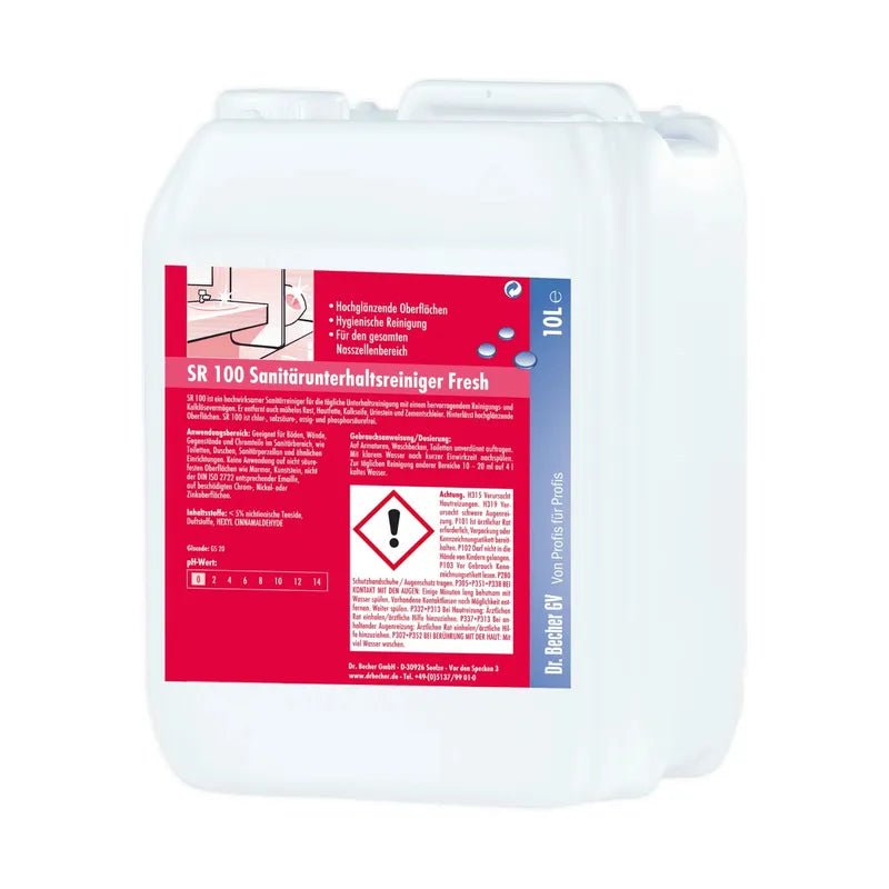 Bílý plastový kanystr s německým nápisem „Dr. Becher SR 100 sanitární čistič Fresh“ v červené a modré barvě. Obsahuje varovné symboly a čárový kód.