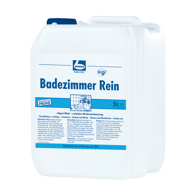 Plastový kanystr o objemu 5 litrů z bílého plastu s modrým nápisem „Dr. Becher Koupelnový čistič“, což naznačuje, že se jedná o čistič koupelen. Na přední straně jsou vidět různé symboly a informace o produktu.