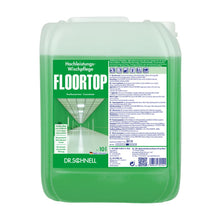 Ein grüner 10-Liter-Behälter mit Dr. Schnell Floortop, Bodenreiniger Konzentrat von DR.SCHNELL GmbH & Co. KGaA ist mit einem Etikett mit einem stilisierten Korridorbild, Produktanweisungen und deutschem Text versehen. Die Flüssigkeit im Inneren ist ideal zum Reinigen wasserbeständiger Bodenbeläge und weist einen attraktiven grünen Farbton auf.