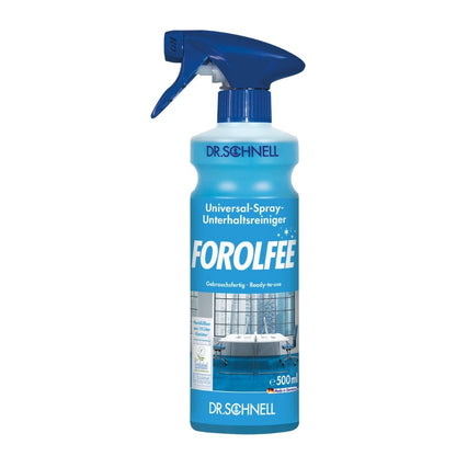 Modrá a bílá sprejová láhev s nápisem "Dr. Schnell ForolFee univerzální čistič, připravený k použití pro povrchy" od DR.SCHNELL GmbH & Co. KGaA pojme 500 ml a na svém štítku zobrazuje čistou koupelnu.