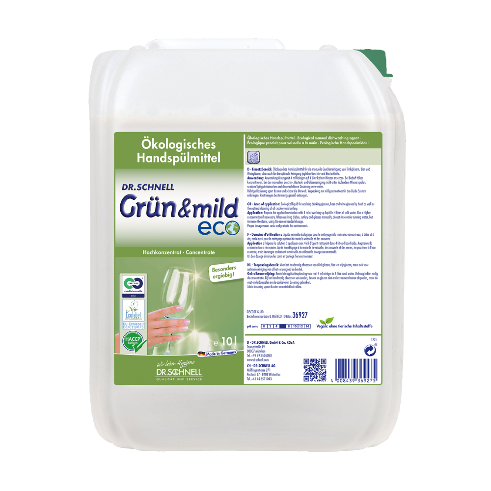 Bílý kontejner s nápisem „Dr. Schnell GRÜN & MILD ECO vydatný ekologický prostředek na mytí rukou“ od DR.SCHNELL GmbH & Co. KGaA ukazuje podrobnosti o produktu, certifikace jako certifikát HACCP a grafiku sklenice na víno. Tento jemný prostředek na mytí nádobí pojme 10 litrů kapaliny.