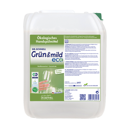Bílý kontejner s nápisem „Dr. Schnell GRÜN & MILD ECO vydatný ekologický prostředek na mytí rukou“ od DR.SCHNELL GmbH & Co. KGaA ukazuje podrobnosti o produktu, certifikace jako certifikát HACCP a grafiku sklenice na víno. Tento jemný prostředek na mytí nádobí pojme 10 litrů kapaliny.