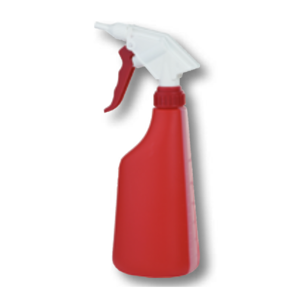 Tato červená plastová stříkací láhev, podobná Dr. Becher ručnímu stříkacímu zařízení (prázdná), má bílo-červenou trysku pro snadné použití. Vzpřímený design se spouští směřující dolů je ideální pro úklidové práce a ukazuje účinnost produktů společnosti Dr. Becher GmbH na jednoduchém bílém pozadí.