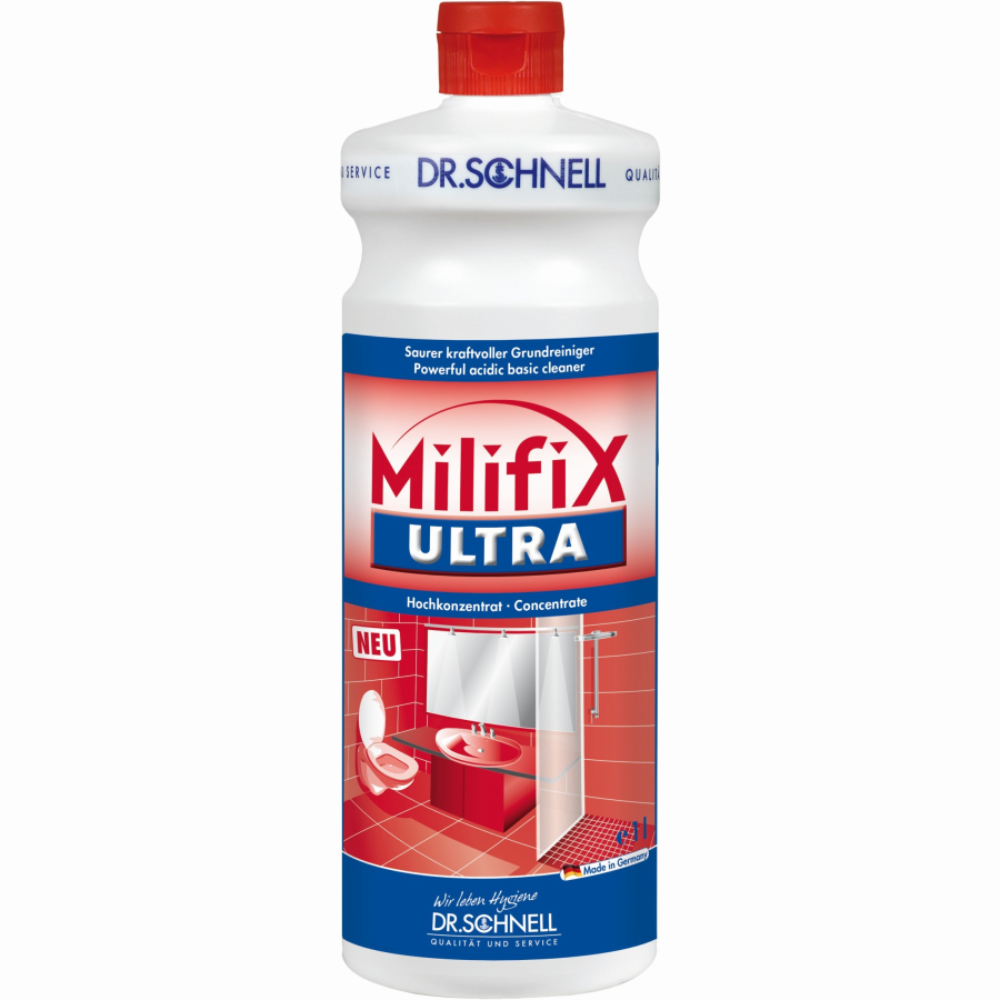 Eine Flasche Dr. Schnell Milifix ULTRA von DR.SCHNELL GmbH & Co. KGaA ist ein leistungsstarkes Sanitärgrundreiniger-Konzentrat, ideal für säurefeste Oberflächen. Das Etikett beschreibt es als hochkonzentrierten sauren Grundreiniger, perfekt zum Entfernen mineralischer Ablagerungen. Die Flasche ist weiß mit einem roten Verschluss und zeigt das Bild eines rot-weißen Badezimmers.