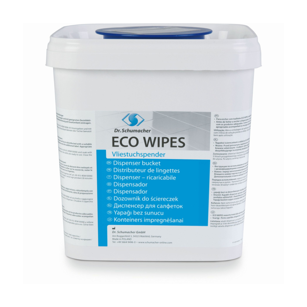 Obrázek bílé dózy s nápisem „Dr. Schumacher Eco Wipes Vliestuchspender, hranatý | Dávkovač (1 kus).“ Dóza s modrým dávkovacím víčkem slouží jako opakovaně použitelný dávkovač pro ubrousky. Text v několika jazycích upozorňuje, že je vyráběna společností Dr. Schumacher GmbH v Německu.