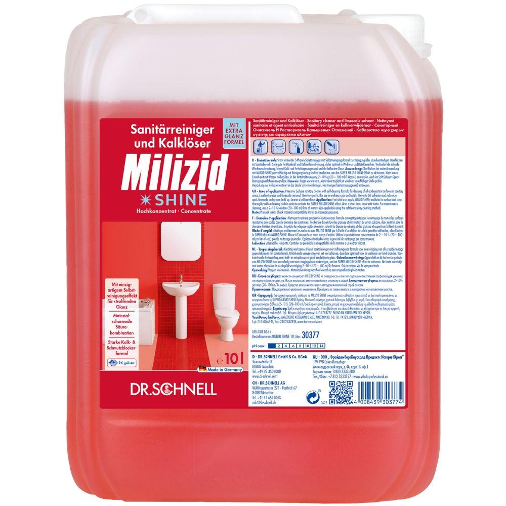 Ein 10-Liter-Behälter Dr. Schnell MILIZID SHINE Sanitärreiniger und Kalklöser der DR.SCHNELL GmbH & Co. KGaA, mit deutschem Text und Abbildungen eines Waschbeckens und einer Toilette auf dem Etikett.