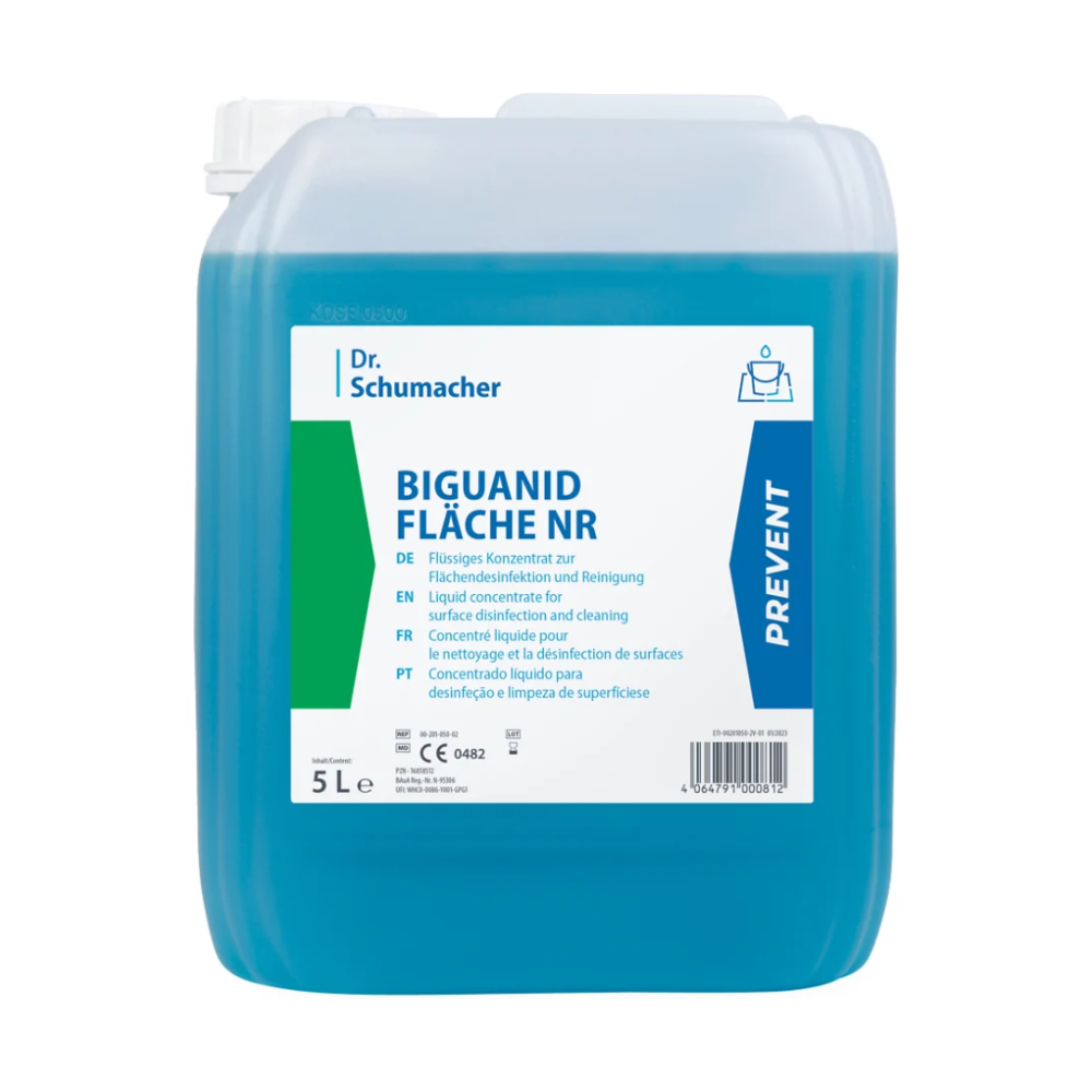 5L Dr. Schumacher Biguanid Flächen NR Dezinfekční prostředek na plochy tekutý koncentrát od Dr. Schumacher GmbH s průsvitně modrou formulí pro efektivní dezinfekci a čištění, s vícejazyčnými produktovými detaily na etiketě.
