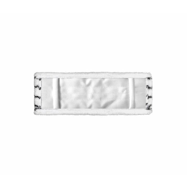 Arcora Excellent Abrasiv Mopp Db-Fc Grau-Weiss od Arcora International GmbH, obdélníková bílá podložka s prošitými okraji a dvěma horizontálními švy, má měkký, savý materiál a abrazivní povrch pro efektivní čištění.