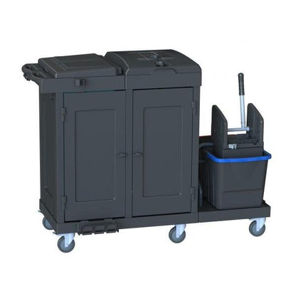 Úklidový vozík Arcora Ecoblack 750 od společnosti Arcora International GmbH (1410 x 680 x 1100 mm, karton 1 kus) má dvě přihrádky, mopový kbelík s ždímacím zařízením, čtyři otočná kolečka a rukojeť - ideální pro přepravu obalového materiálu.