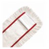 Detailní záběr na obdélníkový Arcora FIRST MOPP od Arcora International GmbH, bílý mikrovláknový mop na prach s červeným lemováním a roztřepenými okraji pro efektivní čištění podlahy, zobrazený na jednoduchém bílém pozadí.