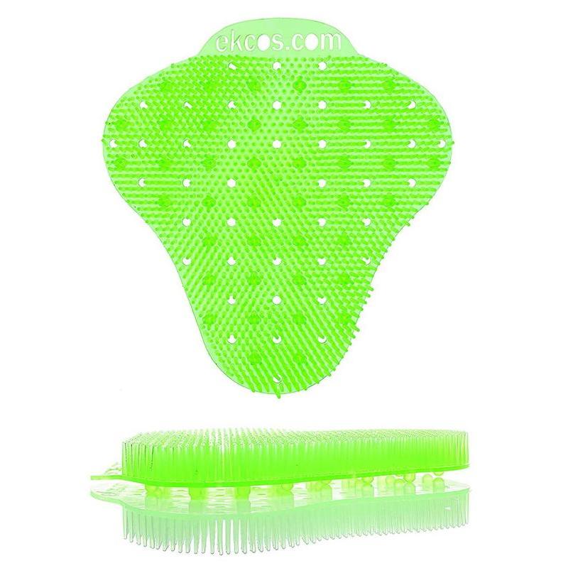 Zářivě zelená Ekcos Ekcoscreen pisoárová podložka - 60+ dní od Diversey Deutschland GmbH & Co. OHG má štětiny, rovnoměrně rozmístěné otvory pro hygienické čištění a nápis "ekcos.com" na horní straně. Zobrazeno zepředu a z boku.